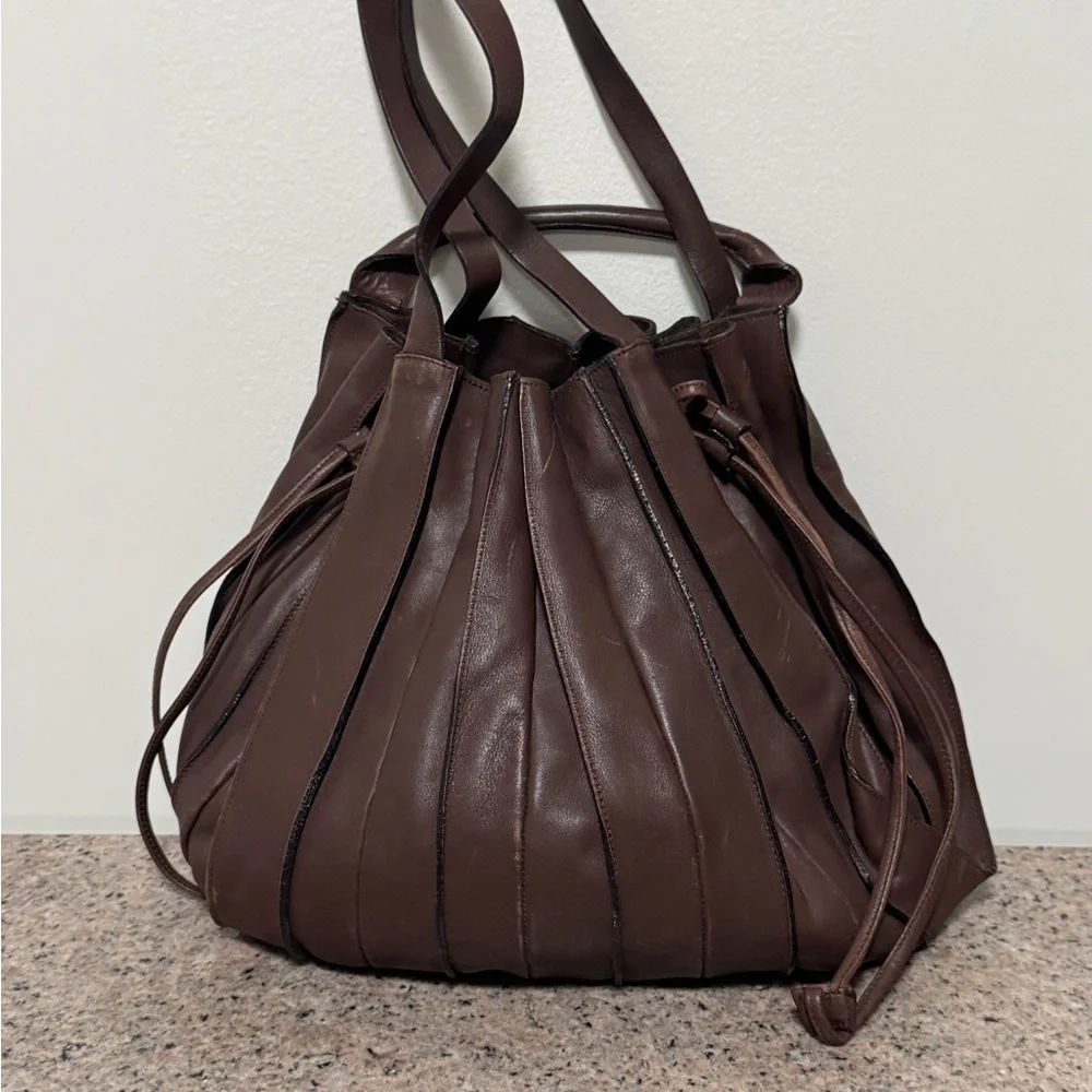 LUPO Barcelona Brown‎ Leather Pleated Backpack/ handbag